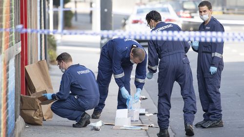 A crime scene was established outside Love Machine nightclub in Prahran, Melbourne, Sunday, April 14, 2019, after four people, including Richard Arow, were injured in a drive-by shooting, leaving Mr Arow and a security guard dead.