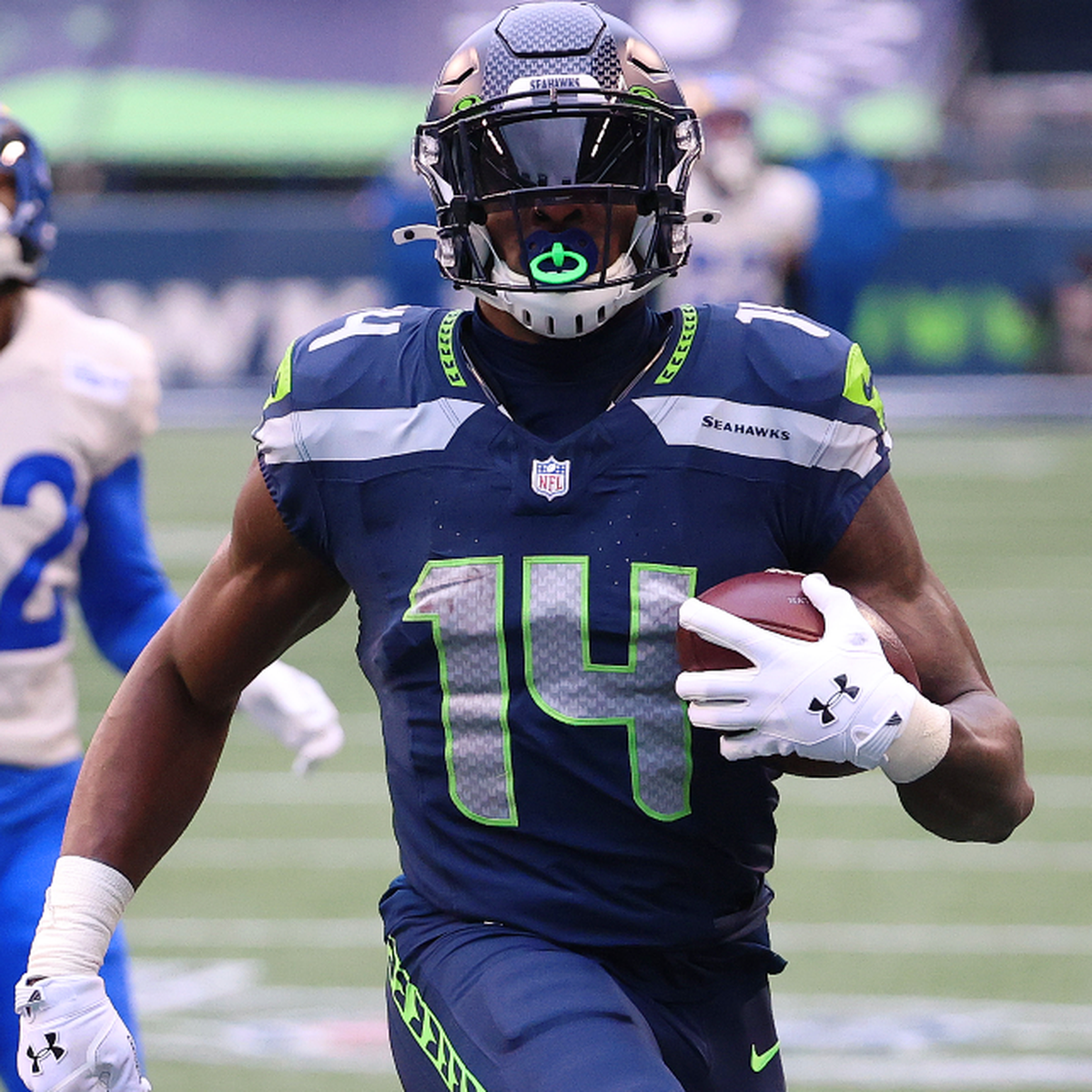 DK Metcalf of the Seattle Seahawks warms up prior to the start of the