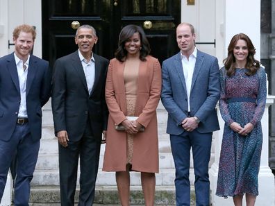 Prince William, Duke of Cambridge and Catherine, Duchess of Cambridge greet US President Barack Obama and First Lady Michelle Obama as they dine at Kensington Palace.
