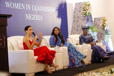 ABUJA, NIGERIA - MAY 11: (EDITORIAL USE ONLY) Meghan, Duchess of Sussex speaks at a Women in Leadership event co-hosted with Ngozi Okonjo-Iweala on May 11, 2024 in Abuja, Nigeria. (Photo by Andrew Esiebo/Getty Images for The Archewell Foundation)