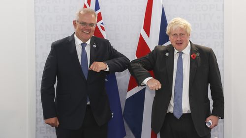 Prime Minister Scott Morrison meets with UK Prime Minister Boris Johnson at the G20 summit. 