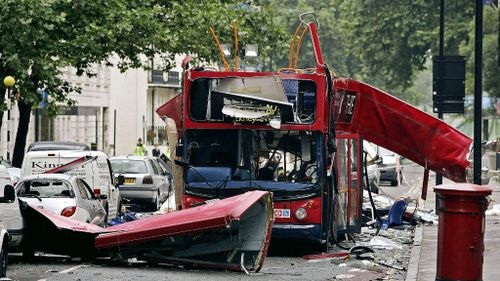 The wreckage of the number 30 bus that was blown up by a suicide bomber at Tavistock Square in London. (AAP)