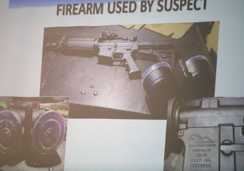 The firearm used by the shooter Connor Betts, 22, is projected on a screen during a press conference about a mass shooting that left ten dead, including the shooter, and 26 injured in Dayton , Ohio