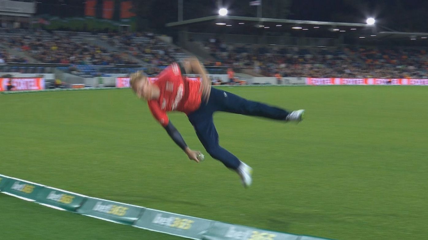 Ben Stokes pulls off an extraordinary save during the second T20 between Australia and England.