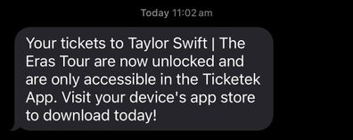 Taylor Swift ticket message from Ticketek