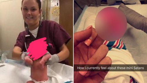 Two US nurses have been removed from duty after posting an inappropriate video of one of them making a newborn dance to rap music. (Facebook/Denisa Shellito)