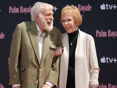 Actor Dick Van Dyke, left, and comedian Carol Burnett pose together during a hand and footprint ceremony for Burnett at the TCL Chinese Theatre, Thursday, June 20, 2024, in Los Angeles. (AP Photo/Chris Pizzello)