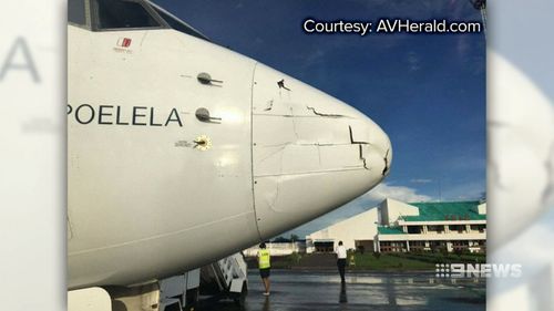 This Boeing 737 was damaging after hitting a drone while landing in Mozambique. (9NEWS)