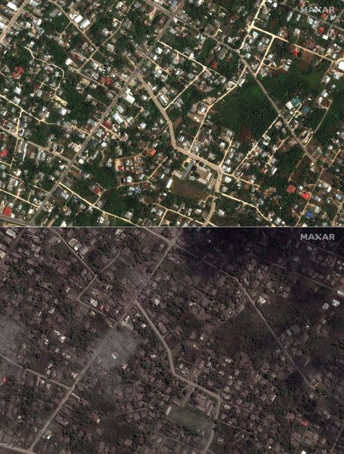 This combination of the satellite images provided by Maxar Technologies shows homes and buildings in Tonga on Dec. 29, 2021, top, and on Jan. 18, 2022.