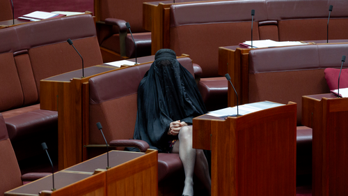 Senator Pauline Hanson wears a burqa in the Senate at Parliament House in Canberra on November 24, 2025. fedpol Photo: Dominic Lorrimer
