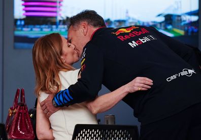 Christian and Geri Horner kiss before the Bahrain Grand Prix at the Bahrain International Circuit, Sakhir, on Saturday March 2, 2024. 
