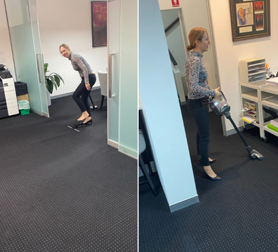 female ceo vacuuming legal firm office