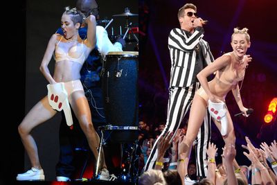 August 25: In case you missed it (which would actually be impossible), Miley gave us one of the most controversial VMA performances ever! Which involved exiting a cyborg bear, swapping her furry leotard for skin-coloured PVC undies and thrusting her crotch at Robin Thicke...which we're sure he enjoyed. <br/><br/>Aside from cementing herself as Queen Twerker, she also poked her tongue out mid-performance about 1500 times (rough estimate). We never want to see it again! <br/><br/>