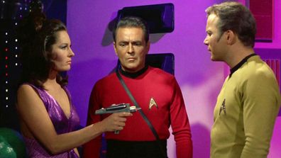 Marj Dusay as Kara, James Doohan as Montgomery "Scotty" Scott and William Shatner as Captain James T. Kirk in the Star Trek.