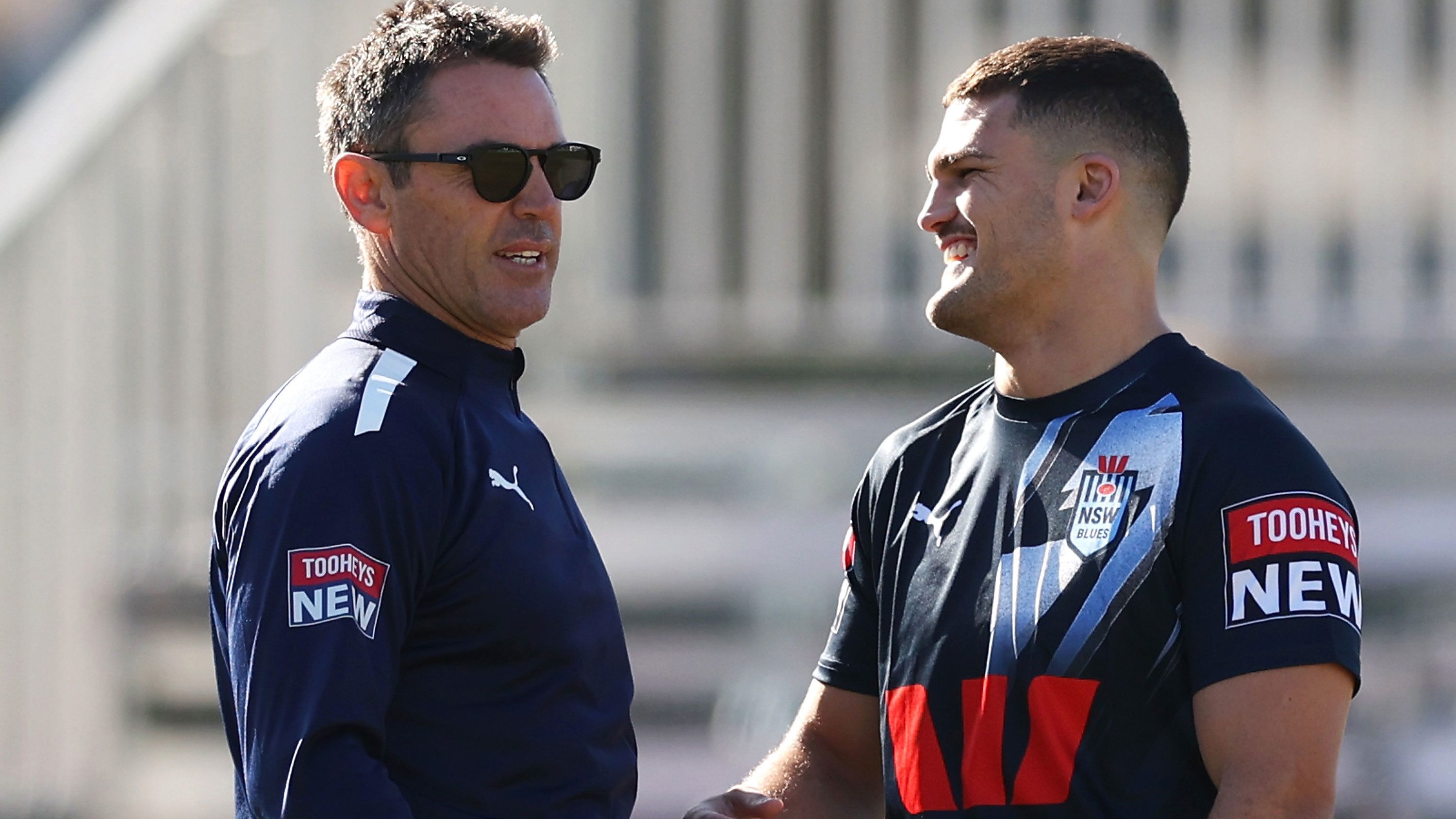 NSW Blues coach Brad Fittler speaks to Nathan Cleary an Origin training session at Coogee Oval on May 23.