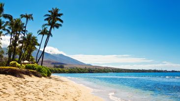 The Kaanapali Beach on the west shore of the island of Maui in Hawaii. A beautiful sandy beach lined with luxury restaurants, resorts and hotels, a popular tourists destination in Hawaii. Photographed in horizontal format with copy space on location in Maui Hawaii.