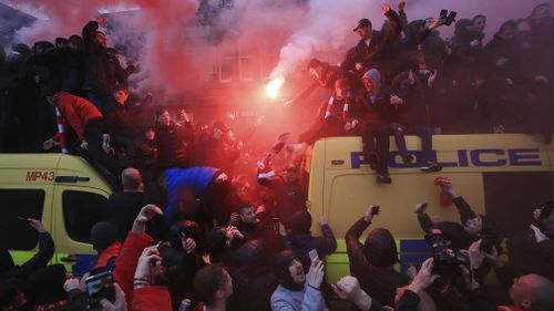 A Liverpool fan was left in a critical condition before the club's Champions League semi-final match with Roma after a mass brawl broke out. Picture: AAP.