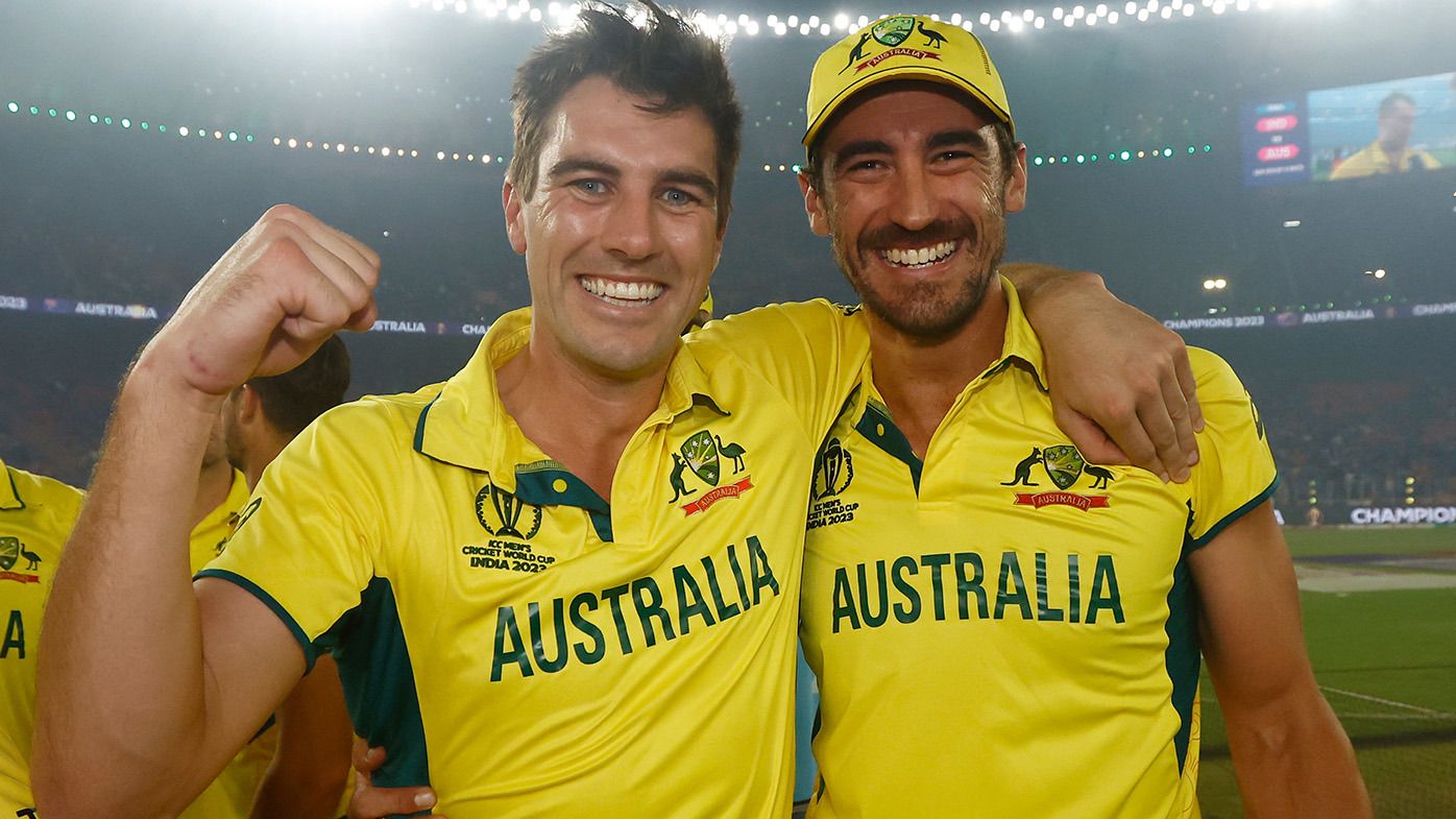 Pat Cummins and Mitchell Starc of Australia celebrates after the ICC Men&#x27;s Cricket World Cup India 2023 Final between India and Australia at Narendra Modi Stadium on November 19, 2023 in Ahmedabad, India. (Photo by Darrian Traynor-ICC/ICC via Getty Images)