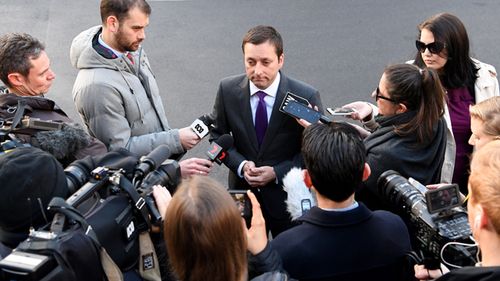 Victorian Opposition Leader Matthew Guy speaks to waiting media outside Parliament House in Melbourne today. Mr Guy attended a secret dinner earlier this year with the alleged head of Melbourne's mafia at a lobster restaurant. (AA).