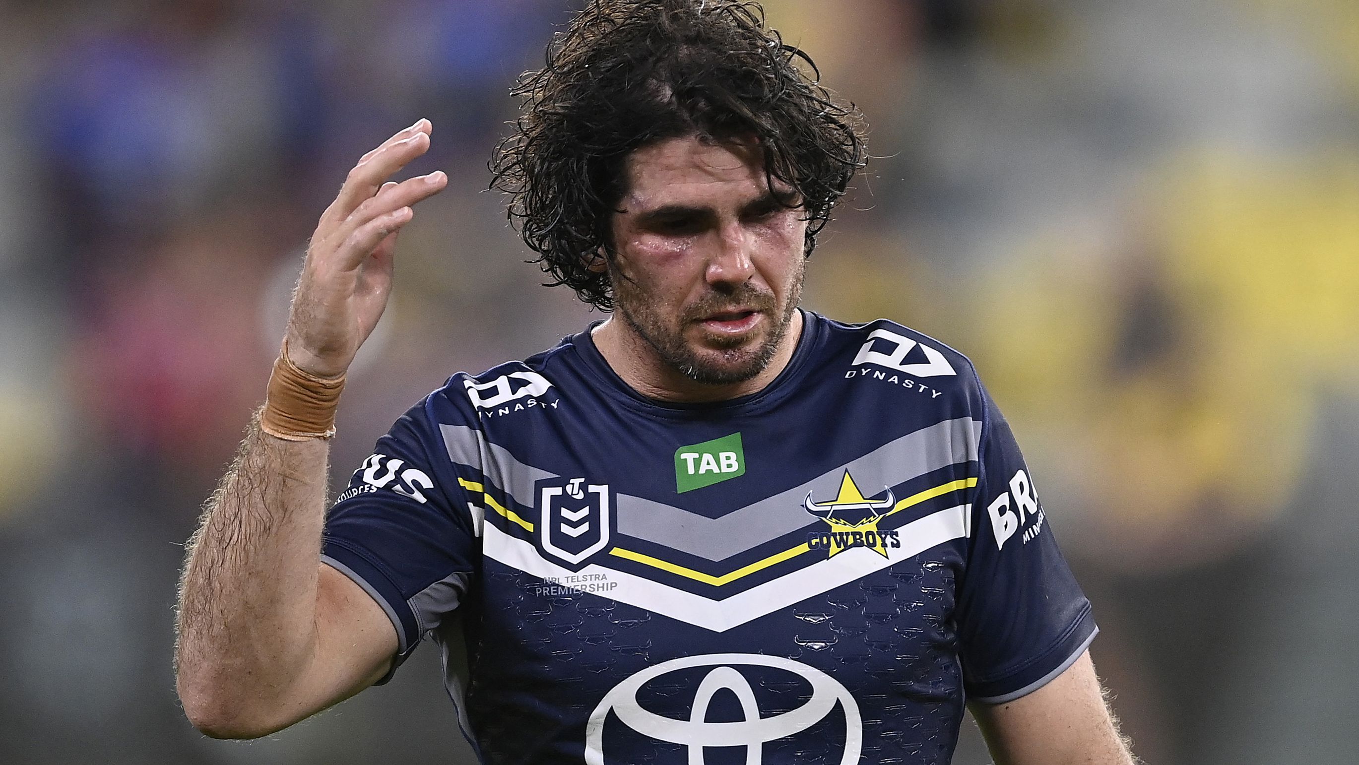 TOWNSVILLE, AUSTRALIA - APRIL 07: Jake Granville of the Cowboys looks dejected after losing  the round six NRL match between North Queensland Cowboys and Dolphins at Qld Country Bank Stadium on April 07, 2023 in Townsville, Australia. (Photo by Ian Hitchcock/Getty Images)