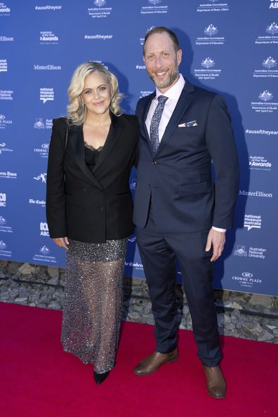 2023 SA Australian of the Year Taryn Brumfitt and Tim Pearson pose for photos during arrivals for the 2023 Australian of the Year Awards ceremony at the National Arboretum in Canberra on Wednesday 25 January 2023.  
