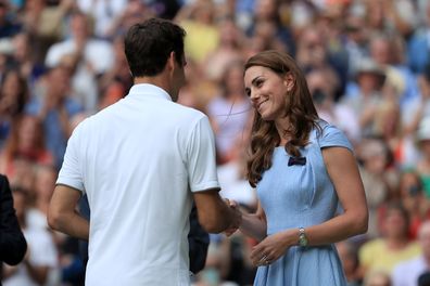 Catherine, Duchess of Cambridge consoles Roger Federer after his loss to Novak Djokovic at Wimbledon 2019.