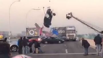 Stunt car nearly lands on film crew