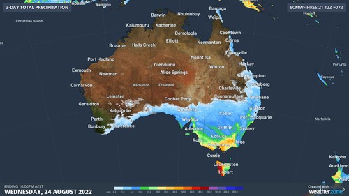 Forecast three-day accumulated rainfall for the 72 hours ending at 10pm AEST on Wednesday, August 24.