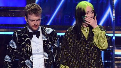 Finneas O'Connell and Billie Eilish accept the Album of the Year award for 'When We All Fall Asleep, Where Do We Go?'.