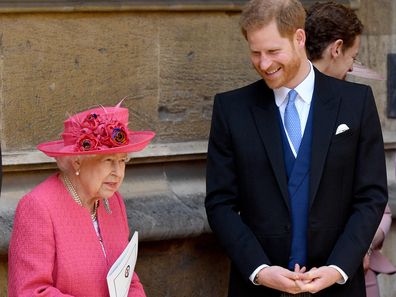 Queen Elizabeth II and Prince Harry, Duke of Sussex attend the wedding of Lady Gabriella Windsor and Thomas Kingston in 2019