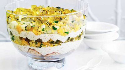 Click through for <a href="http://kitchen.nine.com.au/2016/05/16/19/09/adriano-zumbo-rice-pudding-trifle-with-saffron-jelly-and-mango-and-mint-salsa" target="_top">Adriano Zumbo's rice pudding trifle with saffron jelly and mango mint salsa</a>&nbsp;recipe