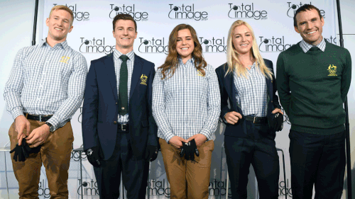 Australian Winter Olympics athletes Jarryd Hughes, Matt Graham, Britteny Cox, Danielle Scott and David Harris pose for a photograph at the launch of the Australian team formal uniform for the 2018 PyeongChang Winter Olympic Games. (AAP)