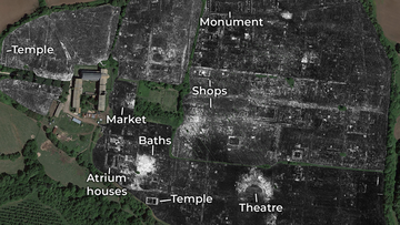 This labeled map shows the complete ancient Roman city of Falerii Novi as it currently exists underground.