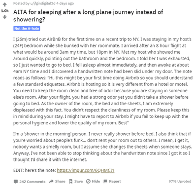 Airbnb Host Pens Angry Letter To Guest Who Didn T Shower Before Bed 9travel