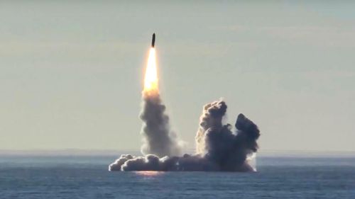Russian nuclear submarine Yuri Dolgoruky test-fires Bulava missiles from the White Sea in training drills held in 2018.