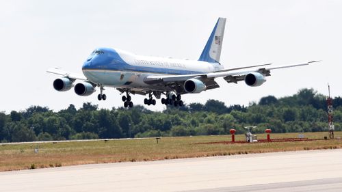 Air Force One lands at Stansted Airport. Picture: AAP