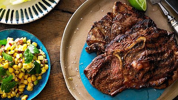 The Honey Badger's Cajun-spiced Y-bone with grilled corn and avocado salsa