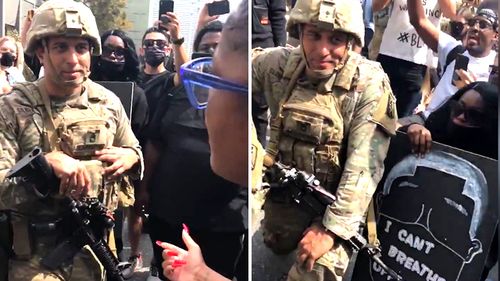 NBC reporter Gadi Schwartz filmed  US soldiers taking a knee with protesters in Los Angeles.