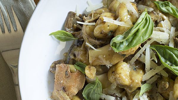 Mushroom and hazelnut gnocchi with manchego and basil