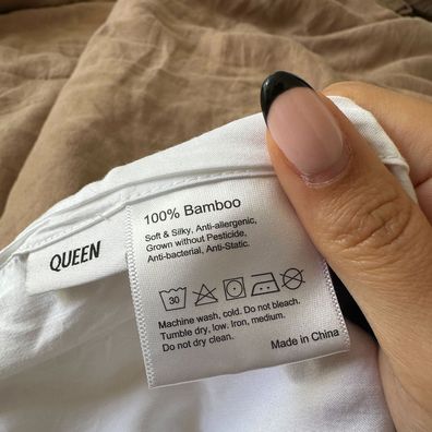 A photo of the tag on a sheet.