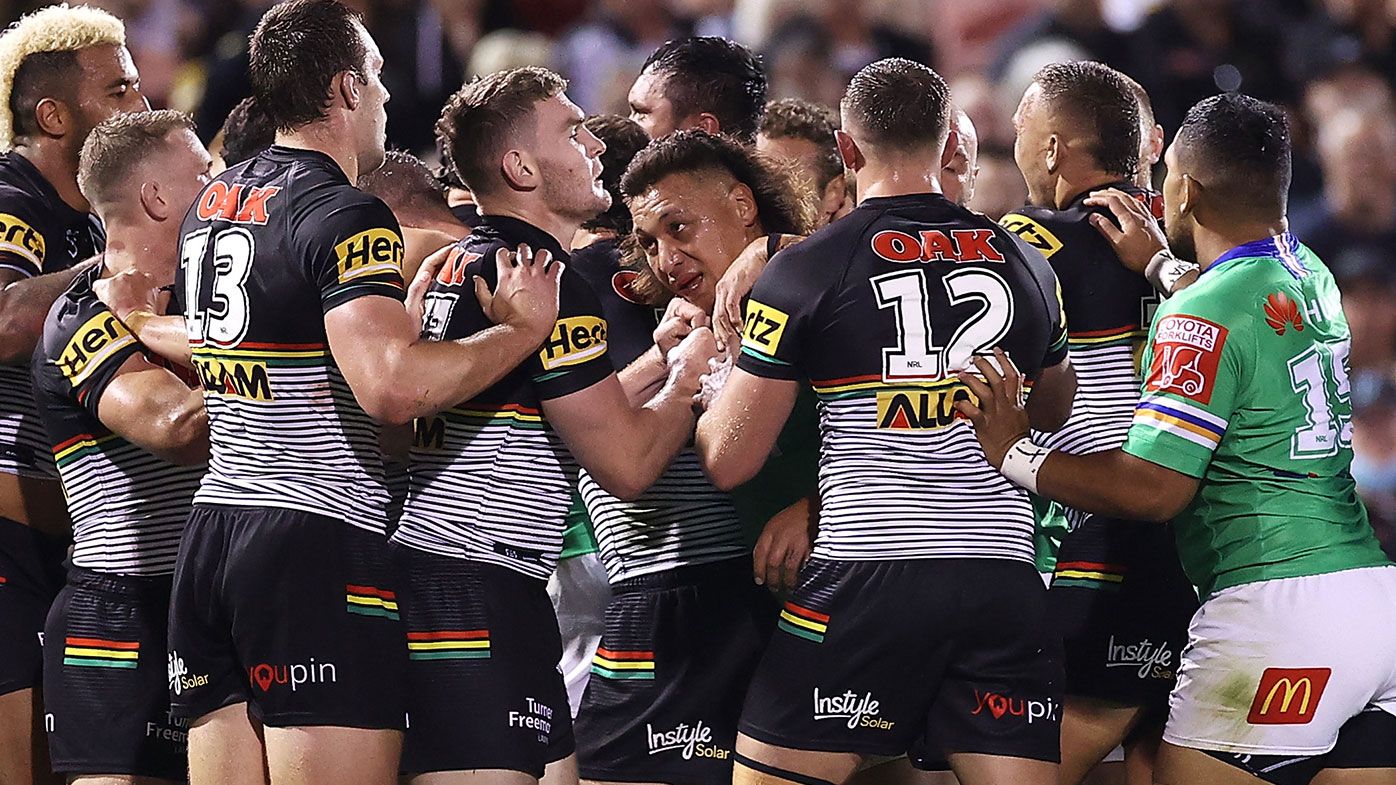 Players scuffle during the round five NRL match between the Penrith Panthers and the Canberra Raiders at BlueBet Stadium on April 09, 2021, in Sydney, Australia. (Photo by Mark Kolbe/Getty Images)