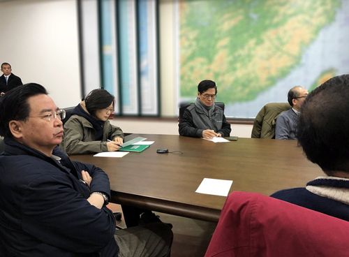 President of Taiwan Tsai Ingwen (third from left)) holding an emergency meeting in Taipei on the earthquake. (AAP)