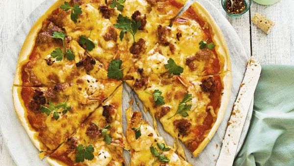 Garlic prawn, chorizo & chilli pizza