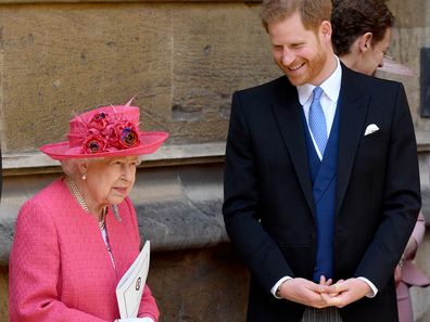 Queen Elizabeth II and Prince Harry, Duke of Sussex attend the wedding of Lady Gabriella Windsor and Thomas Kingston in 2019