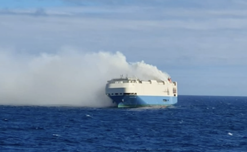 A cargo ship full of luxury cars is on fire and adrift in the middle of the Atlantic