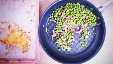 Lemony-mint peas are a perfect side to crispy cauliflower steaks