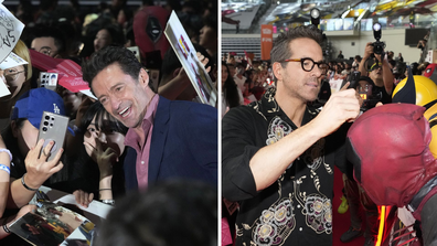 Hugh Jackman and Ryan Reynolds at a fan event in Seoul, South Korea.