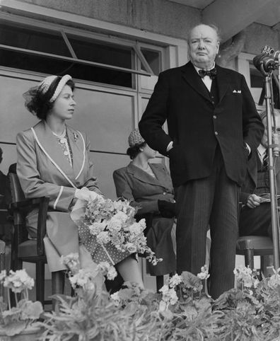 Winston Churchill delivers an address in the presence of Princess Elizabeth, 1951