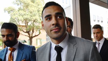 Penrith Panthers NRL player Tyrone May leaves Parramatta Local Court in Sydney, Friday, November 22, 2019. 