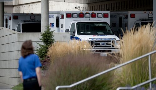 Ambulances line up in the emergency area of Sacred Heart Hospital following reports of the shooting at Freeman High School. (AP)